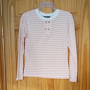 Pink and White Long Sleeve Tee with Mint Trim